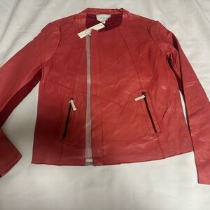 Women’s red real lamb  Leather Jacket size large with zipper Jaye E NWT